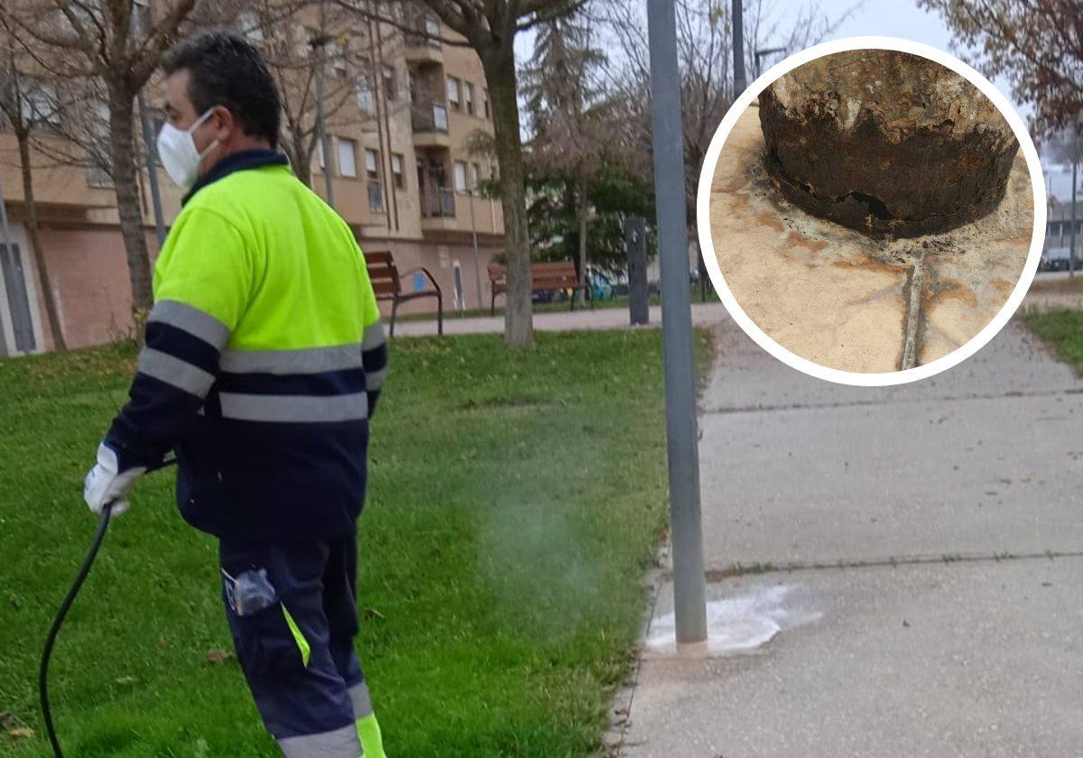 Un operario aplica este nuevo producto 100% ecológico en una farola. Detalle de una farola estropeada por los orines caninos