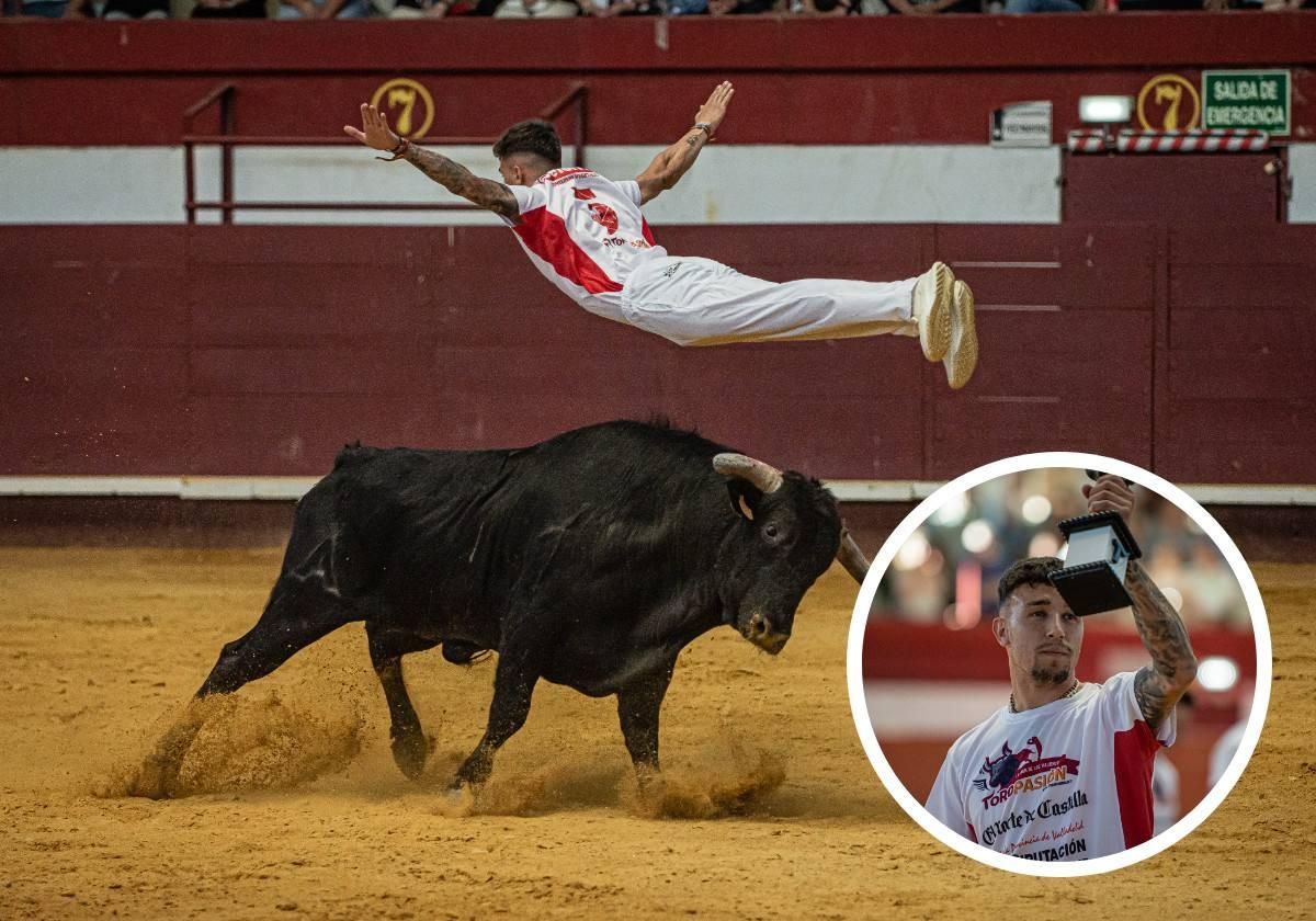 Ángel González 'Pechu' haciendo uno de sus saltos y abajo con el trofeo