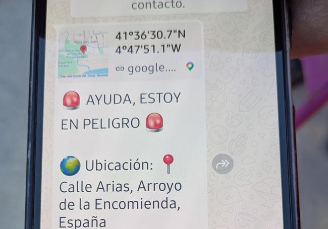 Mensaje de aviso de peligro y con la ubicación exacta, que se puede enviar a través del código QR a los contactos de Whatsapp