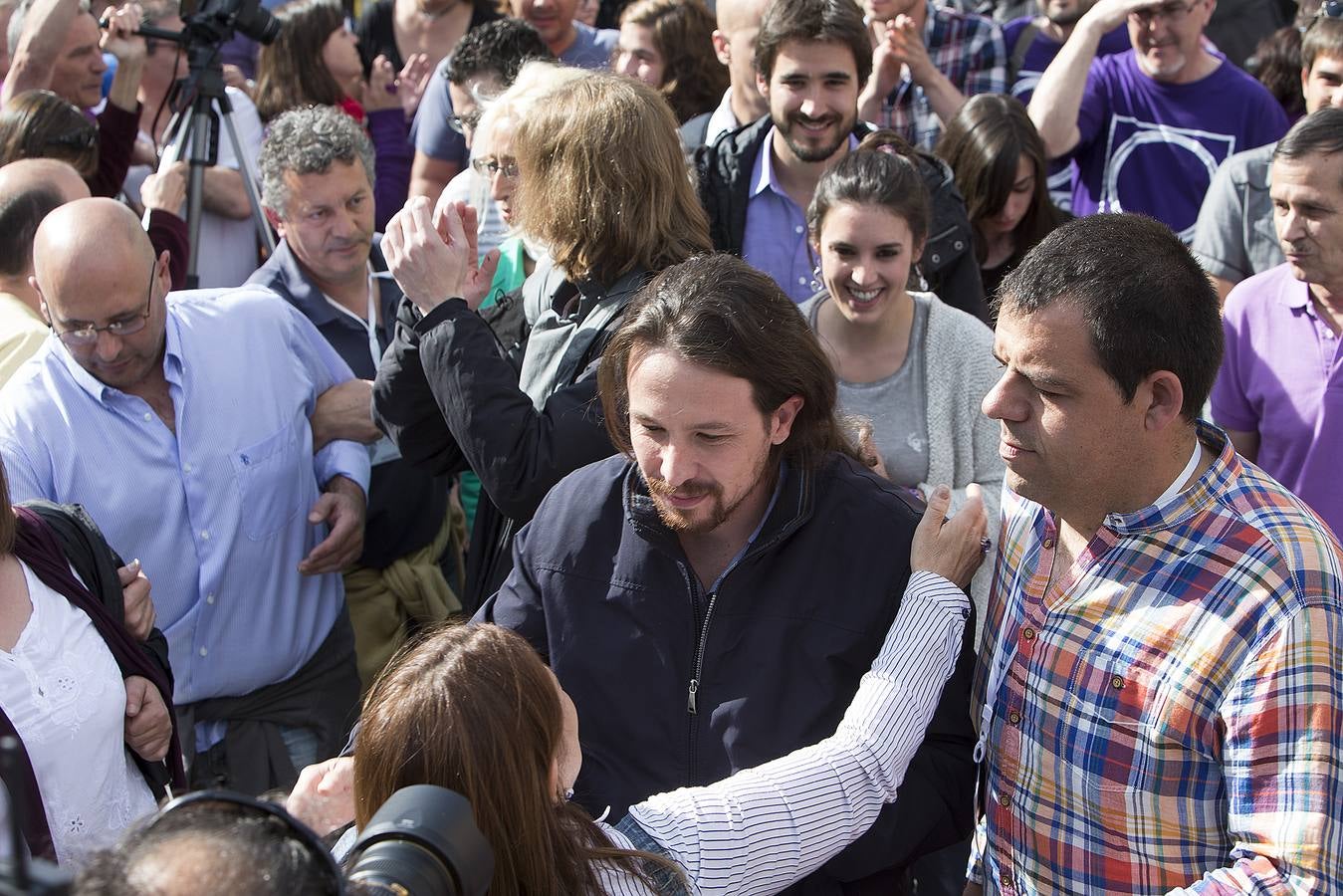 El secretario general de Podemos, Pablo Iglesias, participa en un acto electoral de Podemos en Zamora junto a Pablo Fernandez, Irene Montero y María José Rodríguez Tobal.