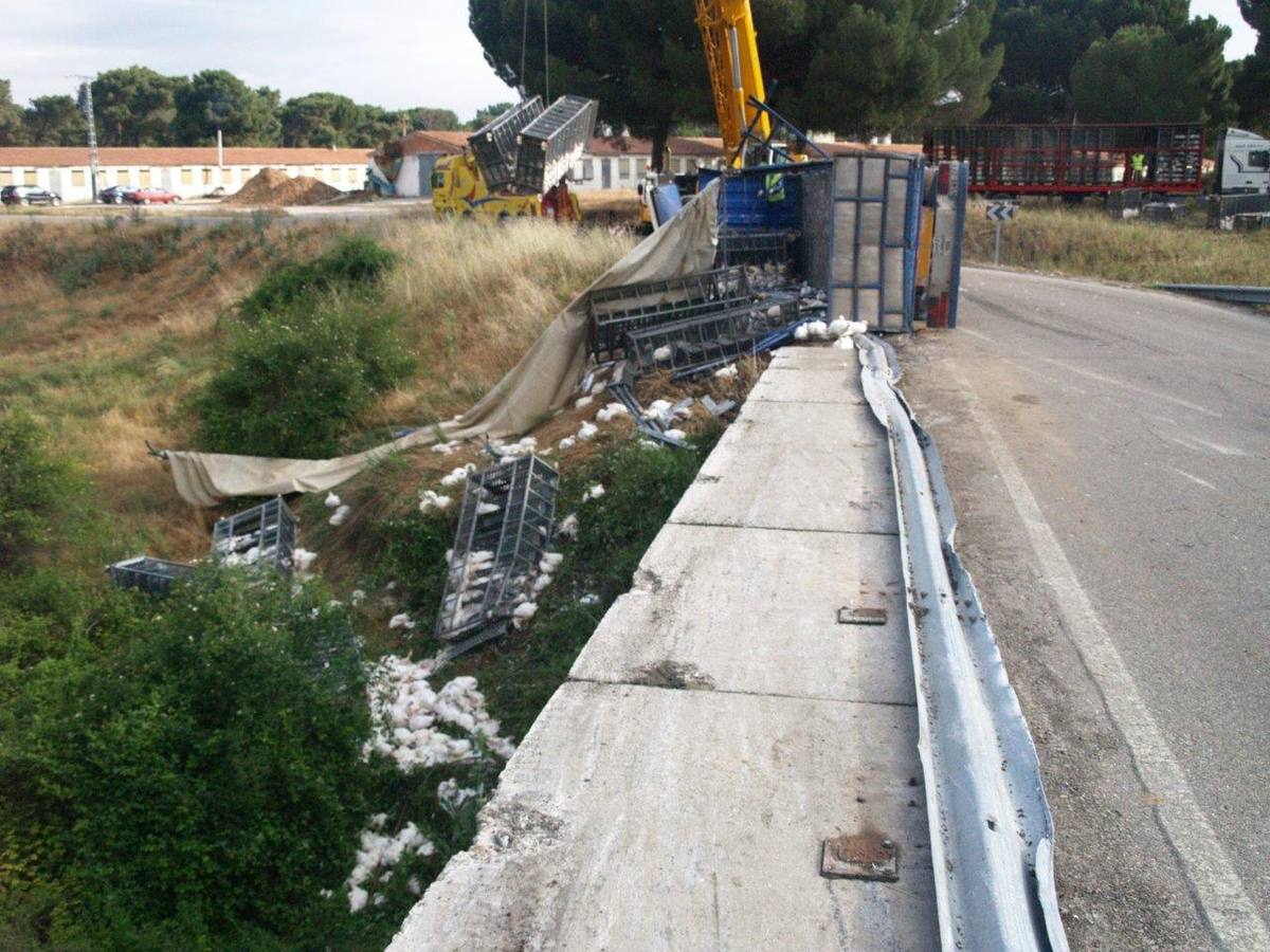 Un camión cargado con 7.000 pollos sufre un accidente en Íscar