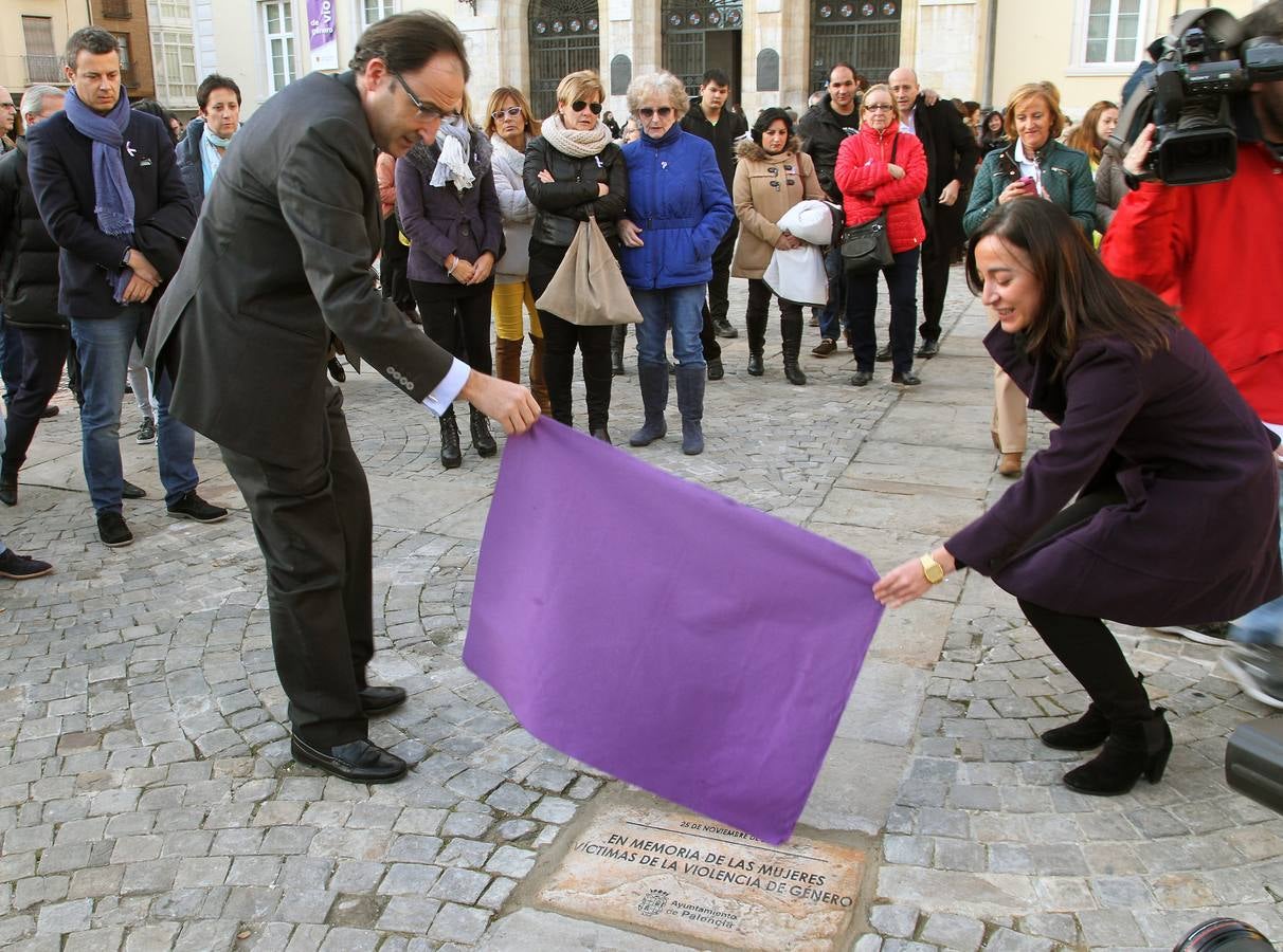 En el acto de la plaza Mayor de Palencia, el alcalde, Alfonso Polanco y la concejal de la Mujer, María Álvarez, han descubierto una placa en recuerdo a las víctimas de la violencia de género.