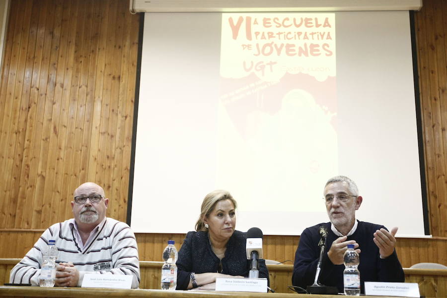 Hernández Rivas, Rosa Valdeón y Agustín Prieto, en la inauguración de la VI Escuela participativa de jóvenes de Castilla y León, organizada por UGT. 