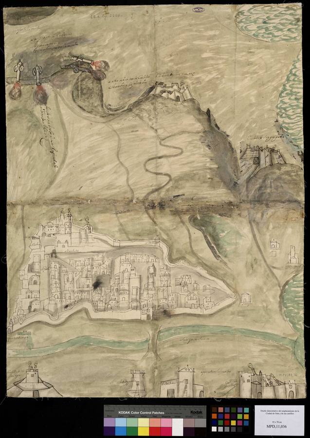 1675 Diseño demostrativo del emplazamiento de la ciudad de Orán y sus castillos. Archivo General de Simancas.