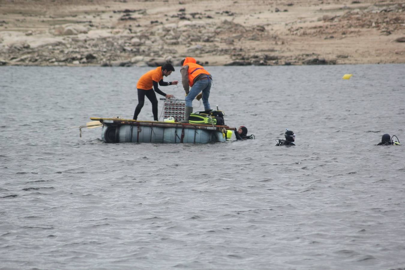 Inmersión de botellas de vino en el embalse de Las Cogotas para su envejecimiento