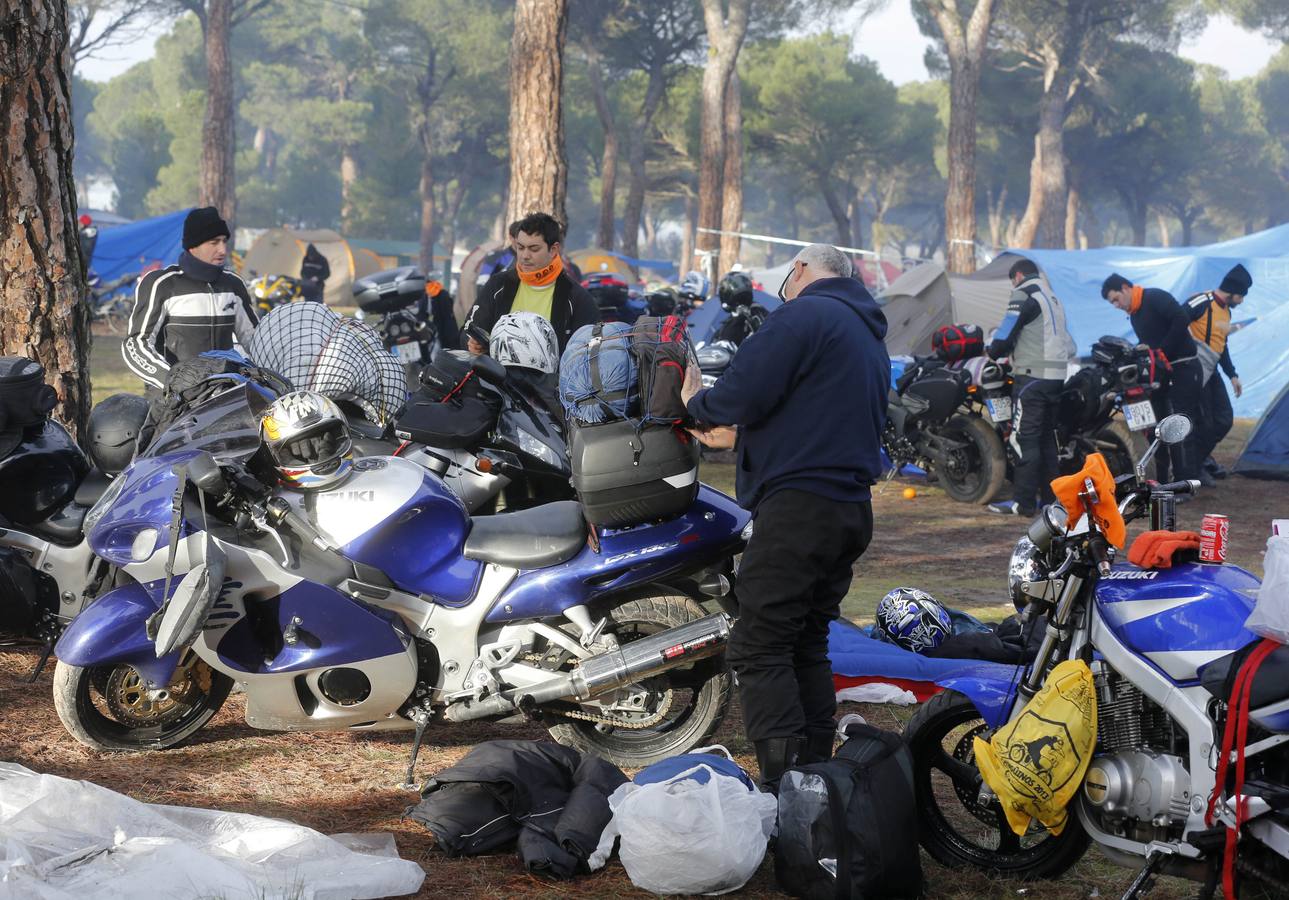 2013. Los moteros recogen sus pertenencias en el pinar de Puente Duero para iniciar el viaje de regreso tras finalizar la concentración de Pingüinos 2013.