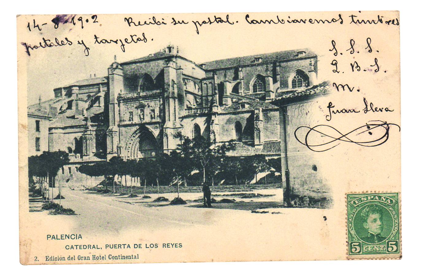 Postal remitida por Juan Lera en 1902, con una imagen de la catedral palentina.