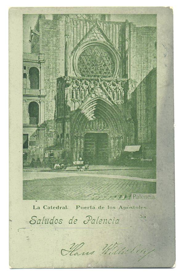 Postal que refleja la Puerta de los Apóstoles de la catedral de Valencia, atribuida de forma equívoca a Palencia.
