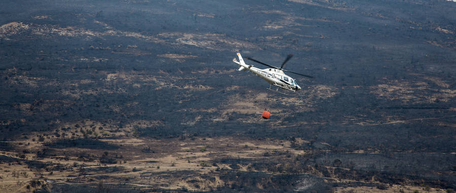 Imagen principal - Arriba y a la izquierda, parte de los efectivos que trabajaron en apagar el fuego. Abajo a la derecha, el directo de extinción, Carlos García López, en el puesto de mando avanzado.