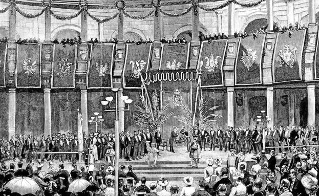 Coronación de Zorrilla como poeta nacional en Granada el 22 de junio de 1889, publicada en ‘La Ilustración Española y Americana’. A la derecha, cartel del programa festivo. 