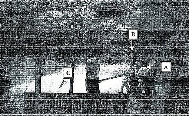 La presunta víctima (A) es ayudada por dos jóvenes (B y C) después de que la descubrieran tumbada en un banco llorando, en una imagen captada por una cámara de seguridad. Ambos declararon ayer. 