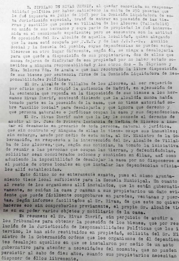 Extracto del informe emitido por el gobernador civil en noviembre de 1974 sobre los bienes de Rivas Cherif en Villalba de los Alcores. 