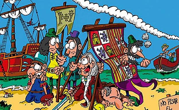 Viñeta que representa el descubrimiento de América por parte de la expedición encabezada por Cristóbal Colón en 1492. Forma parte de las ilustraciones incluidas en el proyecto educativo ideado por el Ministerio de Educación. 