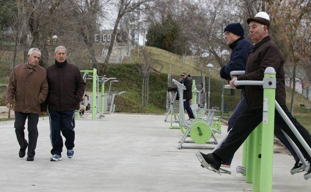 Varias personas realizan ejercicios en los aparatos biosaludables de la ciudad. 