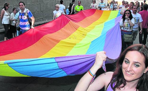 Marcha con la bandera arcoíris de miembros de Segoentiende por la Calle Real. 