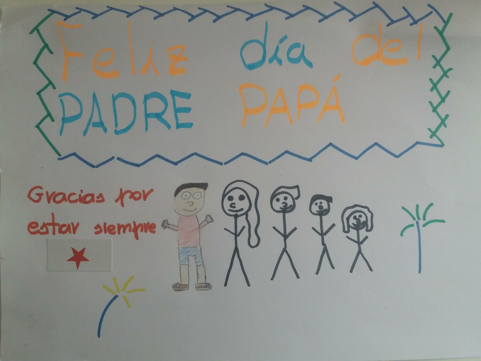 Álvaro González (9 años), Miguel González (6 años) y Paula González (4 años) han hecho estos dibujos para felicitar a su padre. La madre se llama Lucía García y dice: "¡Nos gustaría felicitar mañana a un súper papá que tenemos! Se llama Javier González ...nos gustaría darle una sorpresa ya que es lector del Norte de Castilla. eguro que le harían mucha ilusión a nuestro prota del día y a todos los artistas de las obras."