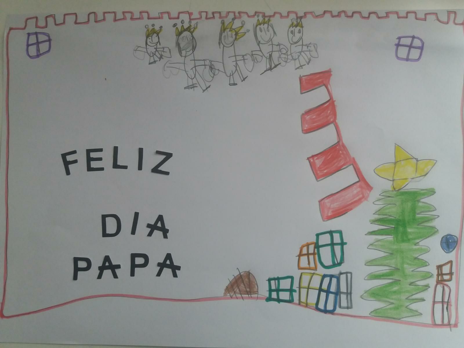 Álvaro González (9 años), Miguel González (6 años) y Paula González (4 años) han hecho estos dibujos para felicitar a su padre. La madre se llama Lucía García y dice: "¡Nos gustaría felicitar mañana a un súper papá que tenemos! Se llama Javier González ...nos gustaría darle una sorpresa ya que es lector del Norte de Castilla. eguro que le harían mucha ilusión a nuestro prota del día y a todos los artistas de las obras."