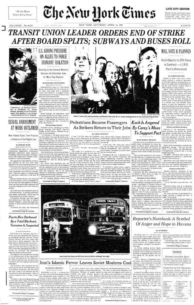 Primera página de 'The New York Times' del 12 de abril de 1980.