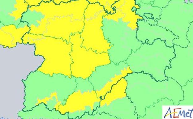 Mapa de avisos de la AEMET para el viernes en Castilla y León, con alerta amarilla por nieve en zonas montañosas y por viento.