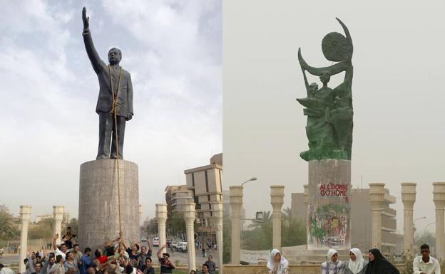 Estatua de Sadam Hussein en 2003 (i) y la actual 'Estatua de la esperanza', en el mismo lugar. 