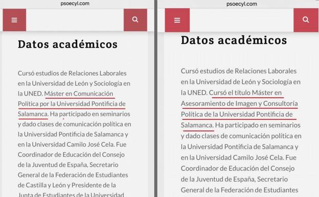 IMagen del antes y el después en el currículum del procurador socialista.