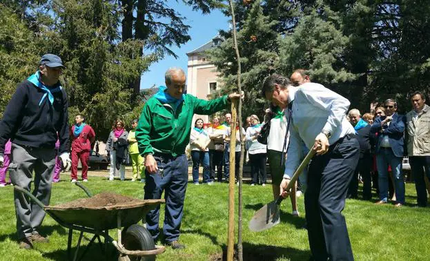 El presidente de la Diputación, Francisco Vázquez, planta un árbol conmemorativo del 75 aniversario. 