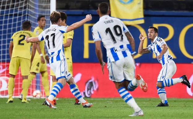 Juanmi celebra su gol con la Real Sociedad