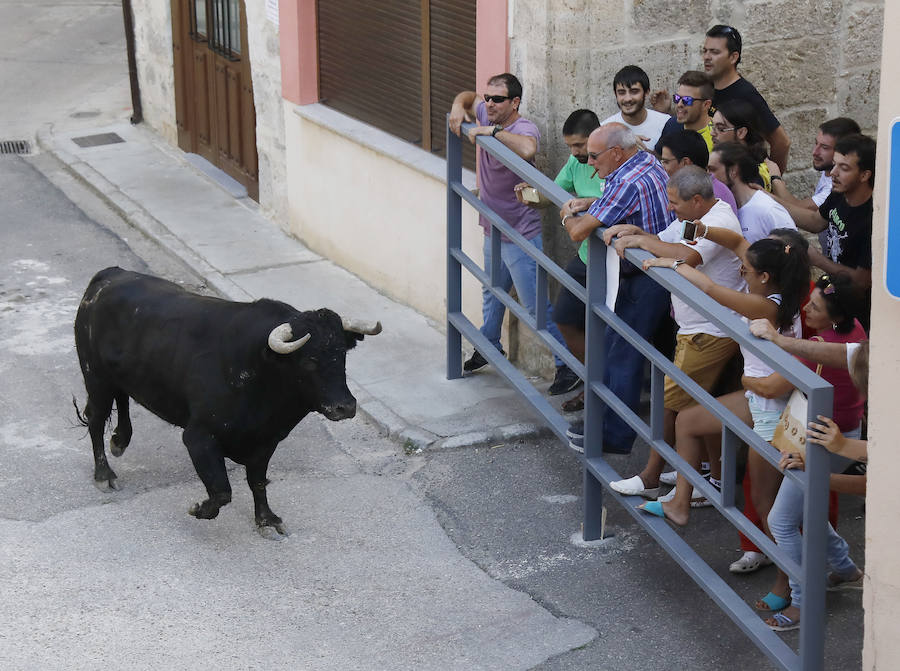 Husillos, entre un grupo de vecinos, tras una de las talanqueras, observan a Barbero. 