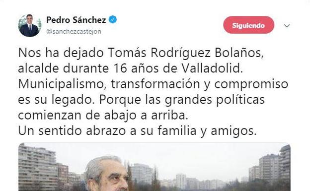 El presidente del Gobierno, Pedro Sánchez, ha mostrado su consternación en redes sociales tras la muerte de Tomás Rodríguez Bolaños.