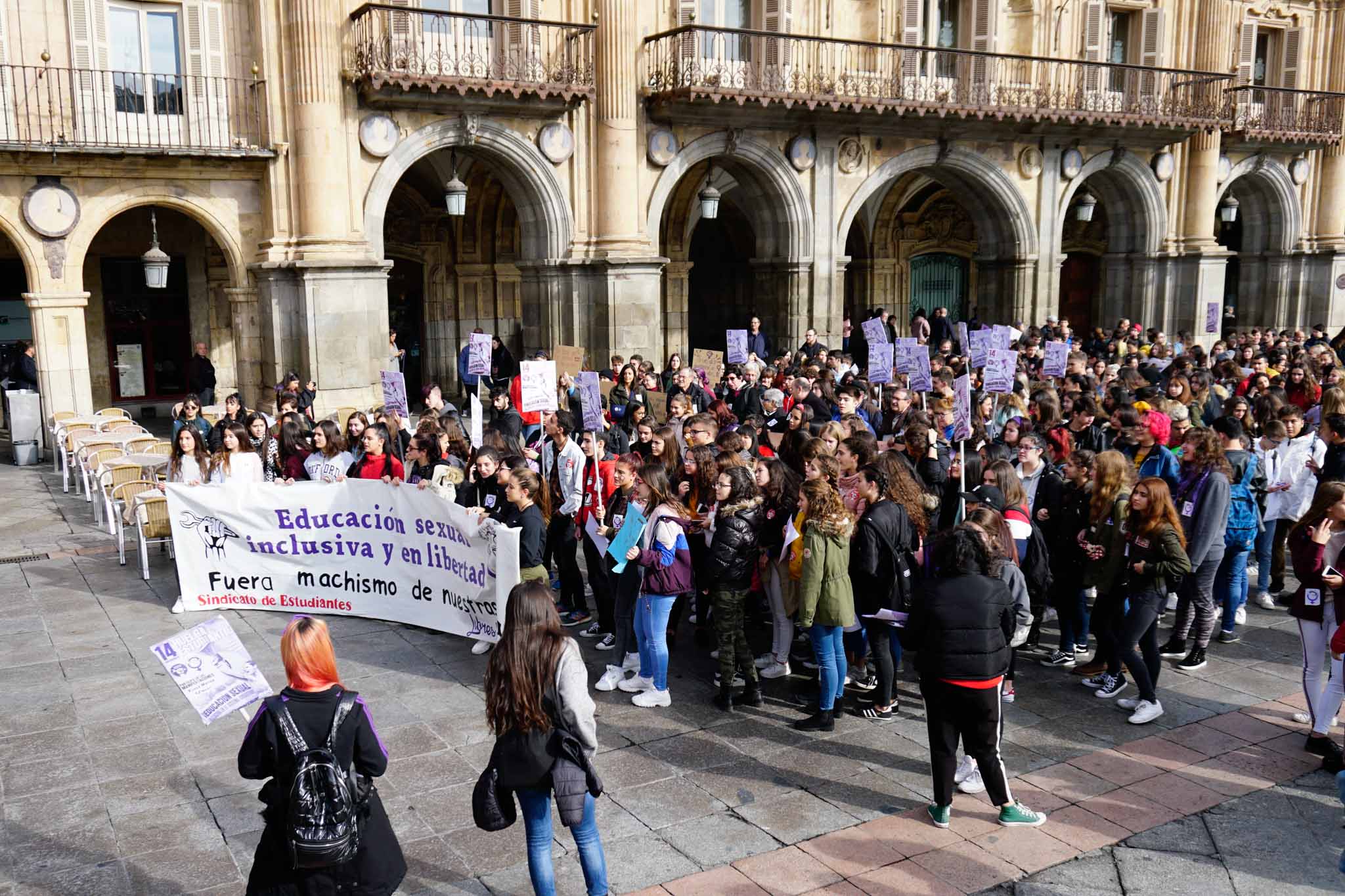 Más de 200 estudiantes se sumaron a la convocatoria del Sindicato de Estudiantes y el de Libres y Combatientes, que portaron una pancarta de cabecera donde se podía leer la principal demanda de esta protesta:'Educación sexual inclusiva y en libertad. Fuera el machismo de nuestras aulas'