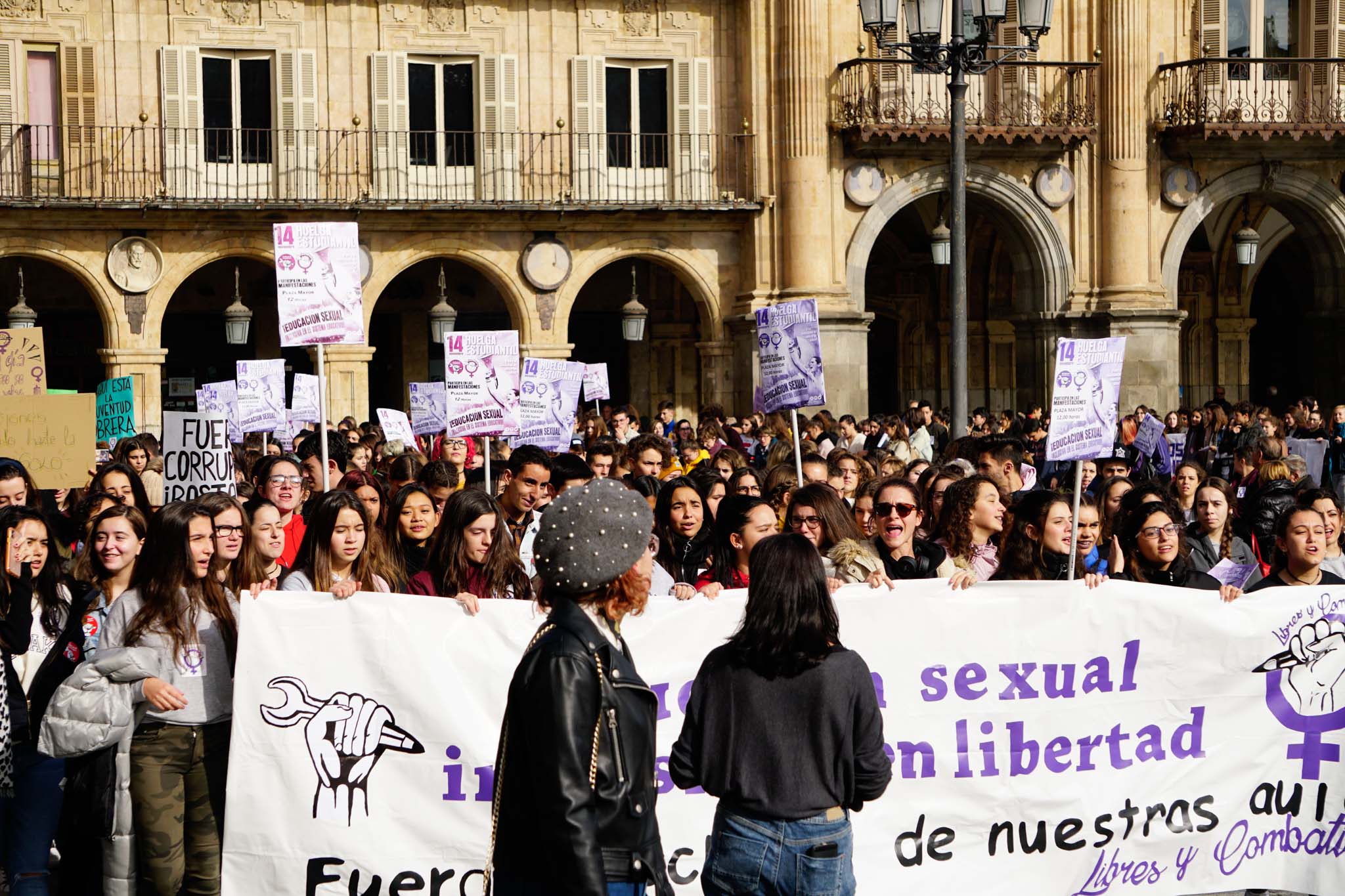 Más de 200 estudiantes se sumaron a la convocatoria del Sindicato de Estudiantes y el de Libres y Combatientes, que portaron una pancarta de cabecera donde se podía leer la principal demanda de esta protesta:'Educación sexual inclusiva y en libertad. Fuera el machismo de nuestras aulas'