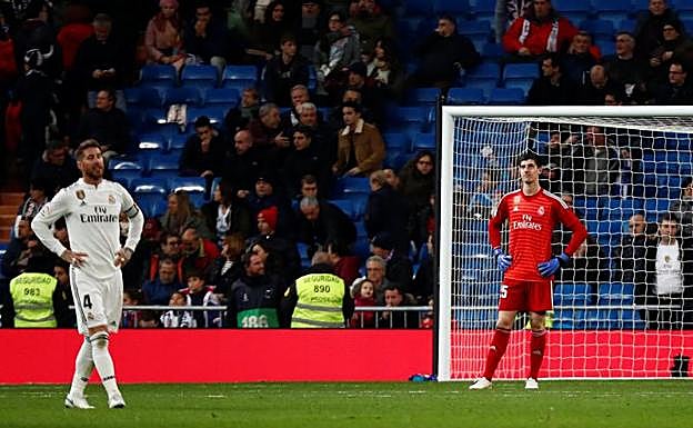 Sergio Ramos y Thibaut Courtois ante una grada semivacía.