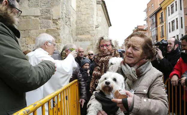 Una vecina, con su perro, en la iglesia de san Miguel. 