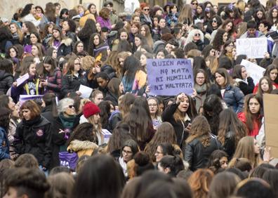 Imagen secundaria 1 - Carteles y 'perfomance' contra la violencia machista en el centro de Segovia. 