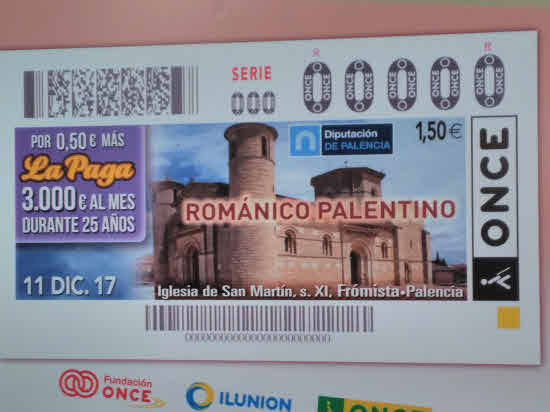 Cupón con la imágen de San Martín de Frómista, que ilustró los cupones de la ONCE en 2017.