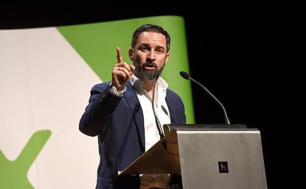 Santiago Abascal, presidente de Vox, en un mitin en Huesca. 