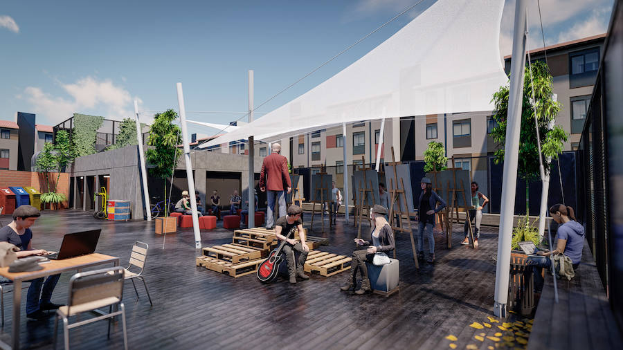 Recreación de cómo será la terraza del Espacio Joven, con un aforo para hasta 300 personas en actuaciones de pequeño formato. 