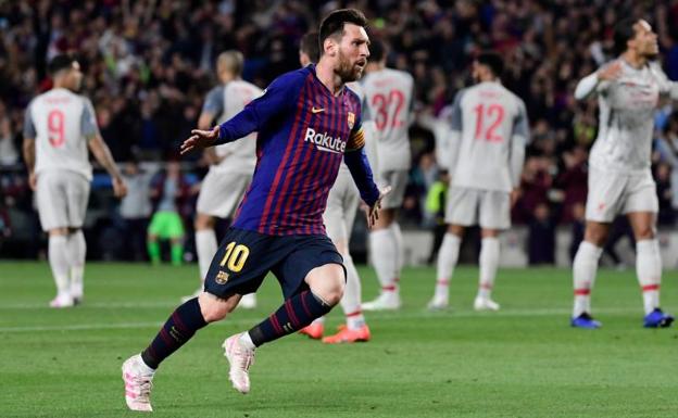 Messi celebra uno de los dos goles marcados ante el Liverpool.