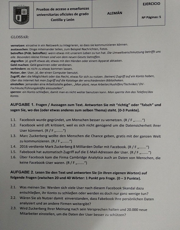 Exámen de Lengua Extranjera EBAU: Alemán.