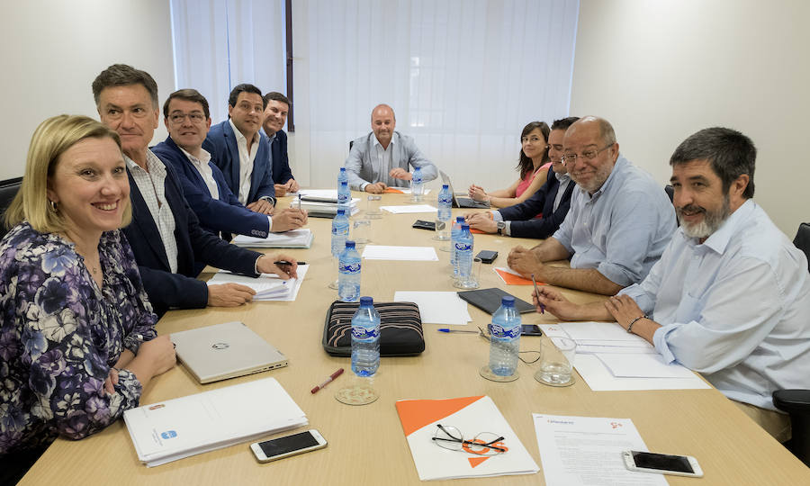 Los miembros del PP, Isabel Blanco, Francisco Vázquez, Alfonso F. Mañueco, Raúl de la Hoz, Carlos F. Carriedo con los de Ciudadanos, David Castaño, Gemma Villarroel, José Miguel García, Francisco Igea y Manuel Mitadiel.