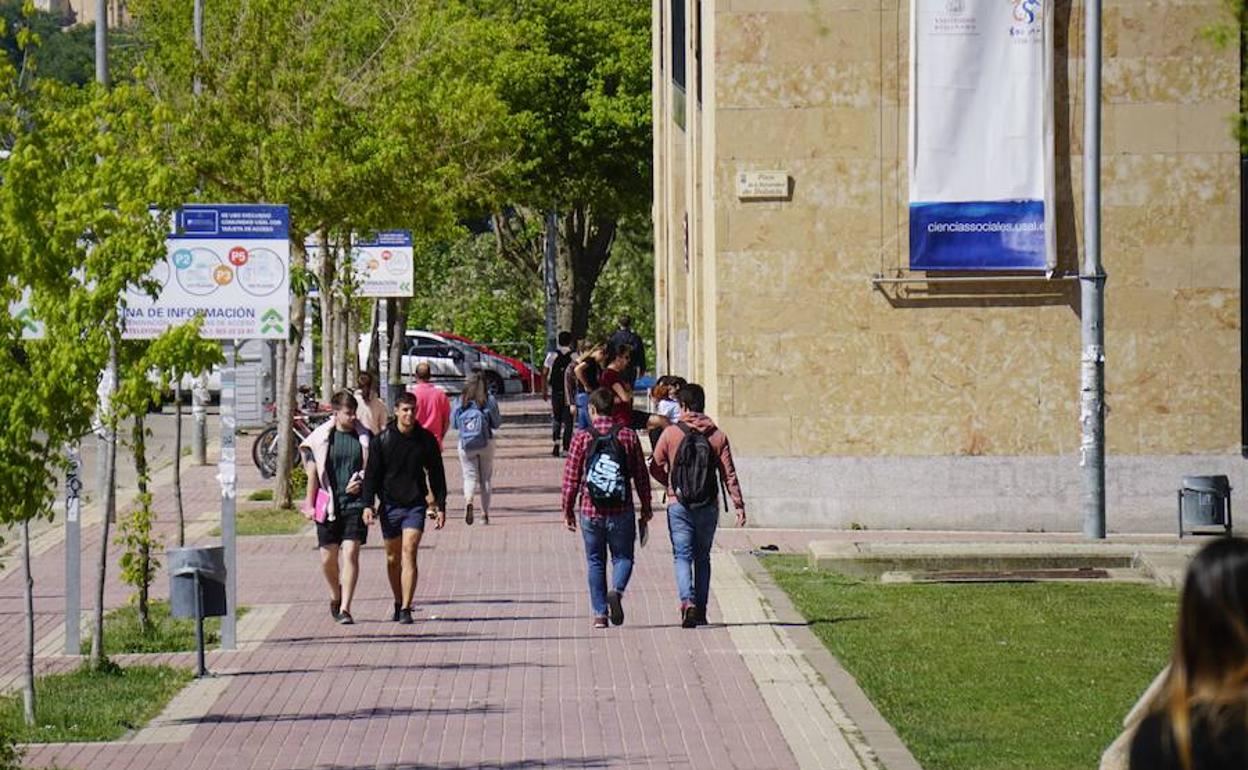 Varios estudiantes caminan por el Campus Unamuno.