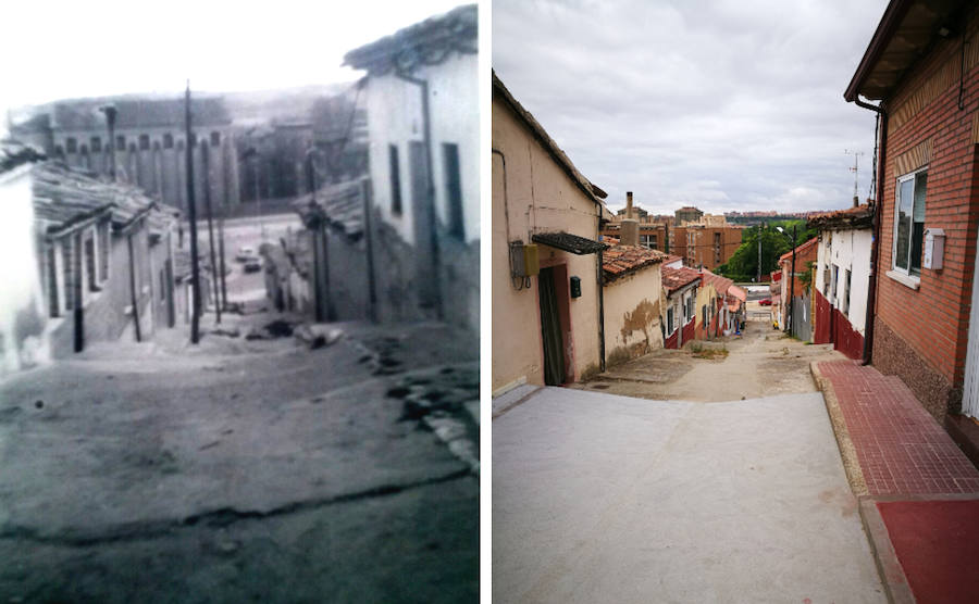 Calle Rambla, en una imagen antigua cedida por Francisco Cantalapiedra, y en la actualidad. En la parta alta de la calle nació el autor del texto. 
