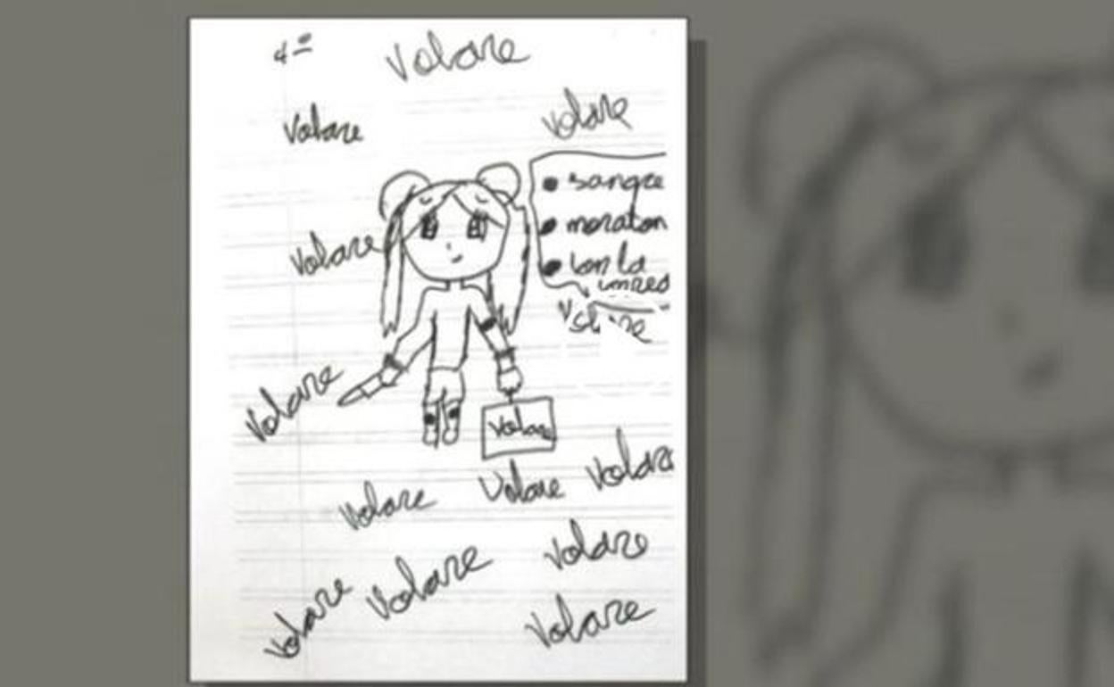 Dibujo de la niña, en donde se puede leer 'moratón' y 'sangre'.