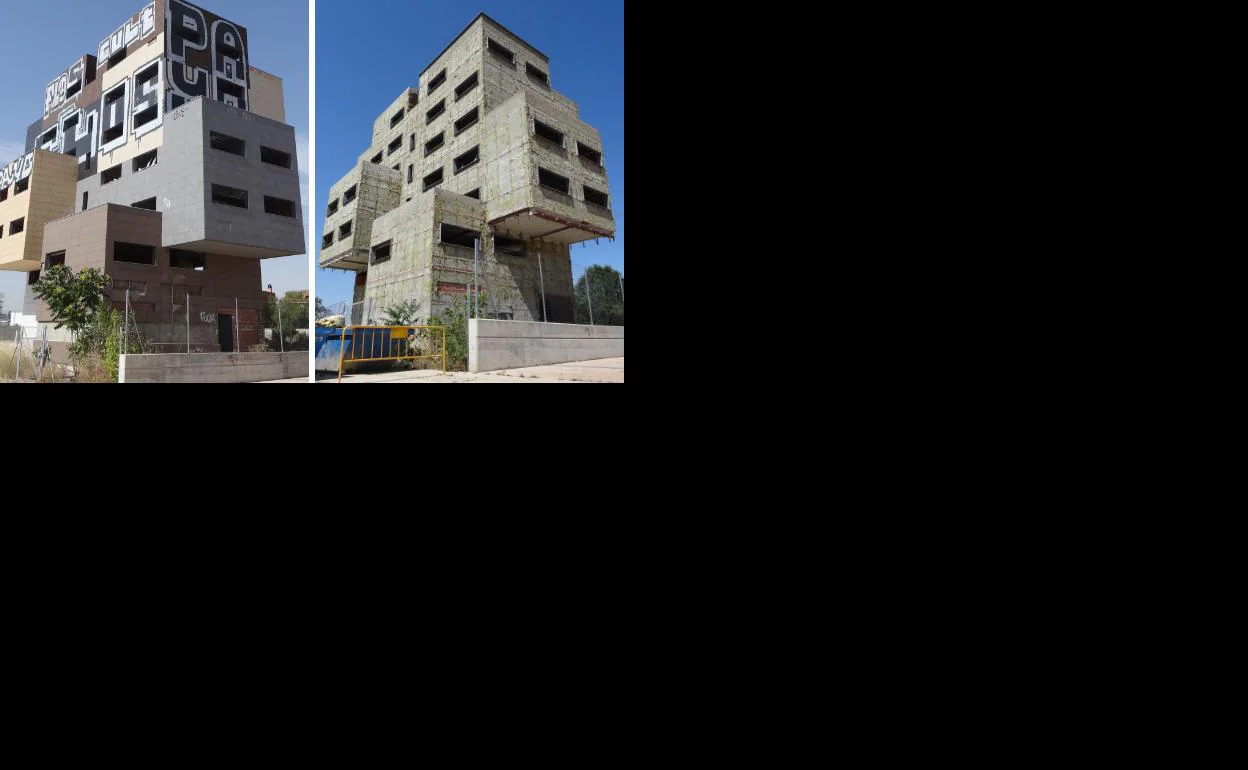 La torre de la calle Arca, abandonada y llena de grafitis desde 2010, antes y después (derecha) de la retirada del revestimiento.