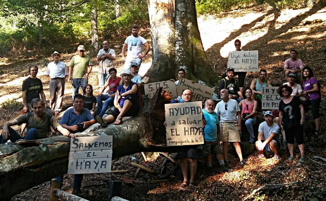 Vecinos de Herguijuela, esta mañana ante el Haya.
