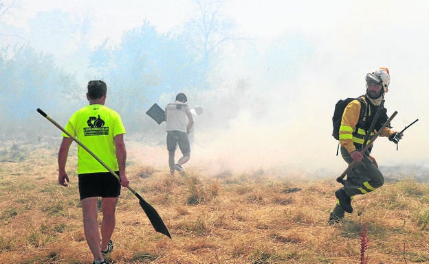 Bomberos y vecinos, durante las tareas de extinción de incendios.