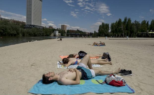 Grupos de personas toman el sol este verano en la playa de Las Morenas
