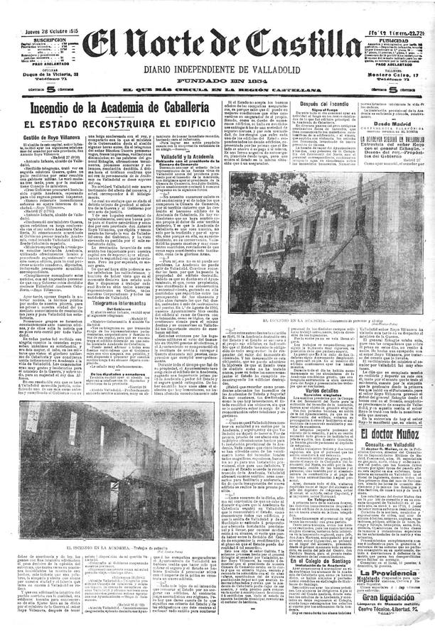 Conocida popularmente como 'el octógono' por su peculiar forma, fue pasto de un terrible fuego en la madrugada del 26 de octubre de 1915 | Las obras de construcción de la nueva Academia comenzaron en el cuarto trimestre de 1920 | El 4 de mayo de 1921, los reyes de España, Alfonso XIII y Victoria Eugenia, asistían a la colocación de la primera piedra y protagonizaban una ceremonia multitudinaria en la explanada del Campo Grande 