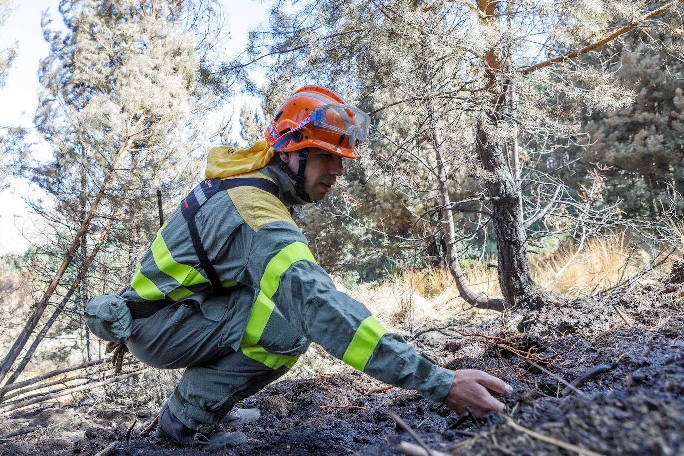 Continúan las labores refrescamiento en el terreno afectado por el incendio de La Granja en Segovia.