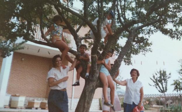 Mis primos, mi hermano y yo hemos escalado uno de los árboles de mis tíos. De pie, mi madre, mi abuela Anita y mi tía Begoña. 